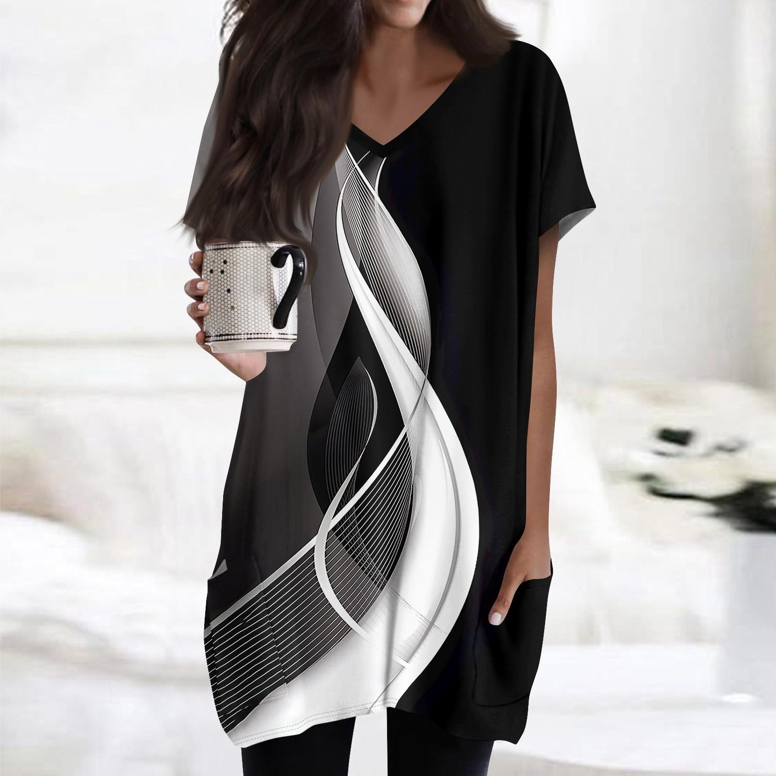 

Женские топы с V-образным вырезом, блузки с коротким рукавом, повседневные рубашки средней длины, модные туники с принтом и карманами XXXL