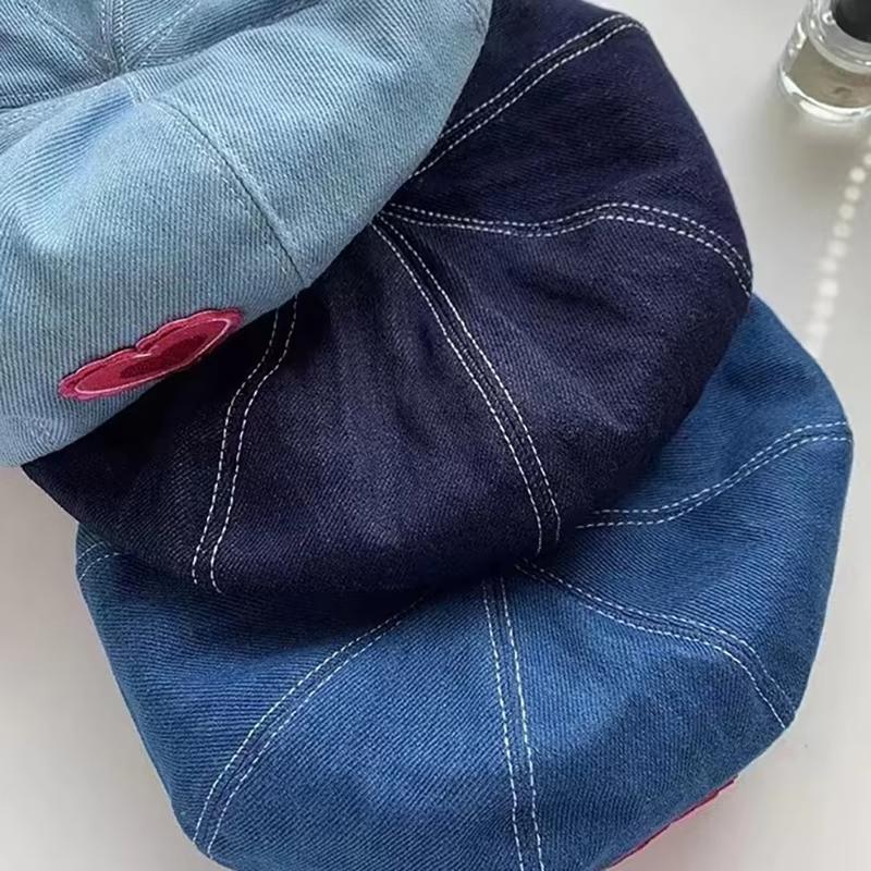 Women's Pink Denim Beret Hat - Heart Love Octagonal Cap Soft Artist Painter Hat Korean Sweet Style Solid Cotton - One Size