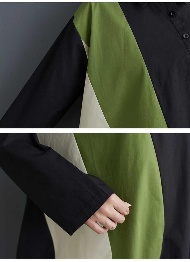 Long Long Flattering with Perfect for and Winter One Size Fits [Mouhoukyo] Women's Dress, Midi-Length, Patchwork, Sleeves, Tunic, Collared, Pockets,