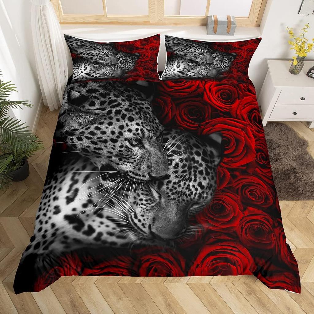 Leopard Bedding Set Wild Cheetah Comforter Cover Rose Romantic Floral Duvet Cover For Boys Girls Room Decor Twin Full Queen King