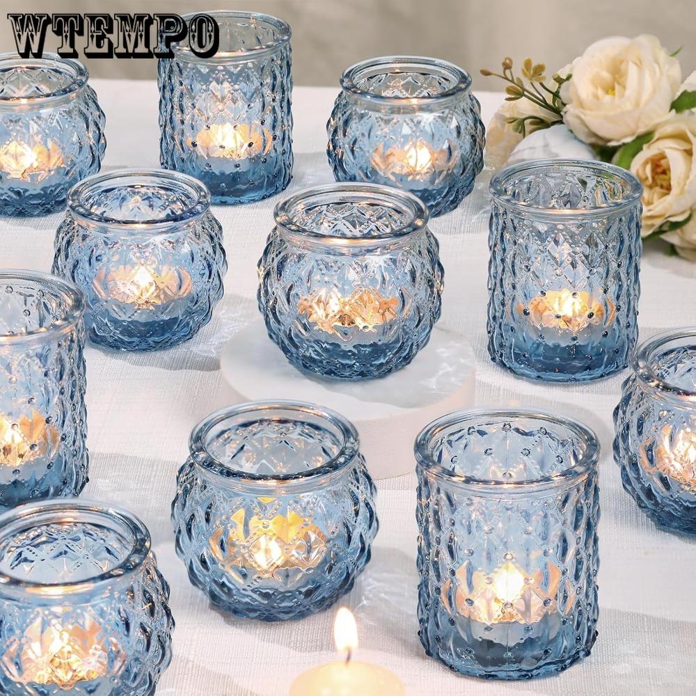 24st Blå Glas Votivljushållare Runda Värmeljus för Bordsdekoration Värmeljus Ljusstake Glas för Bröllop Baby Shower Hemma & Festinredning