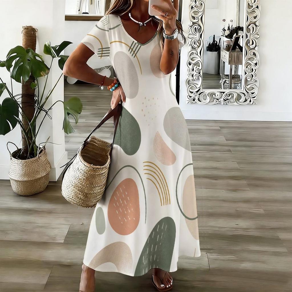 Women Plus Size V Neck Short Sleeve Abstract Printed Straight Maxi Dress