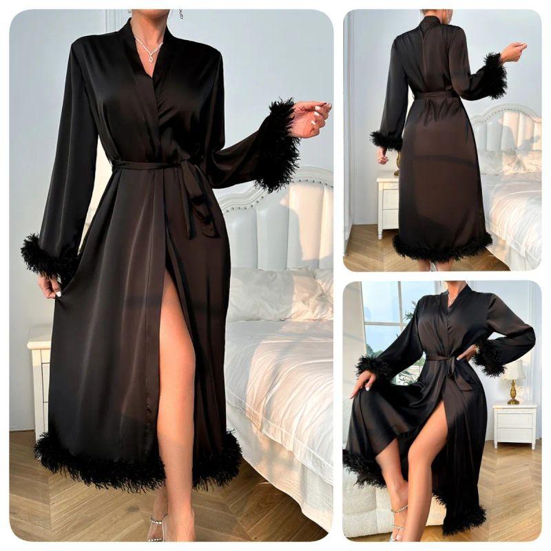2025 New Arrival Fashion Retro Dating Robe/Long Sleeves Shoelace Feather Edge Morning Gowns/Black Satin Outerwear Gown