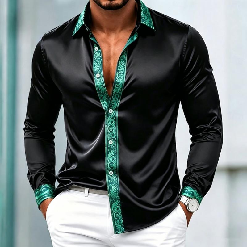Light luxury satin smooth men's long sleeved formal shirt with a lapel, Baroque gold patterned placket, and cuffs trimmed with
