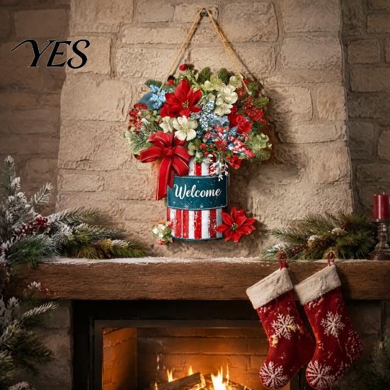 Christmas Door Hanging Sign Welcome for Front Door, Rustic Wooden Ornament, Festival Theme Wall Decoration Decor with Lanyard Holiday Home Window