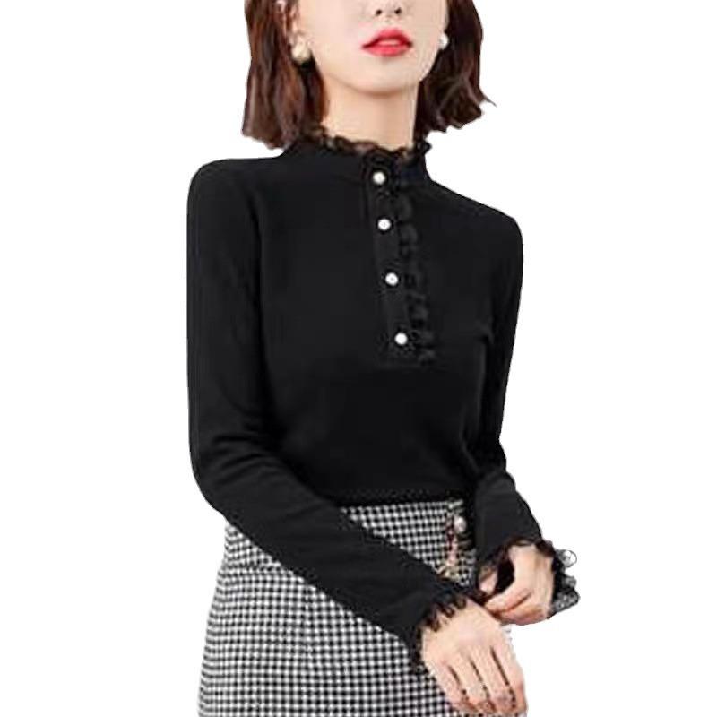 Threaded Double-sided Fleece Autumn and Winter Base Shirt for Women's Latest Standing Collar Lace Thickened Long-sleeved Inner Top