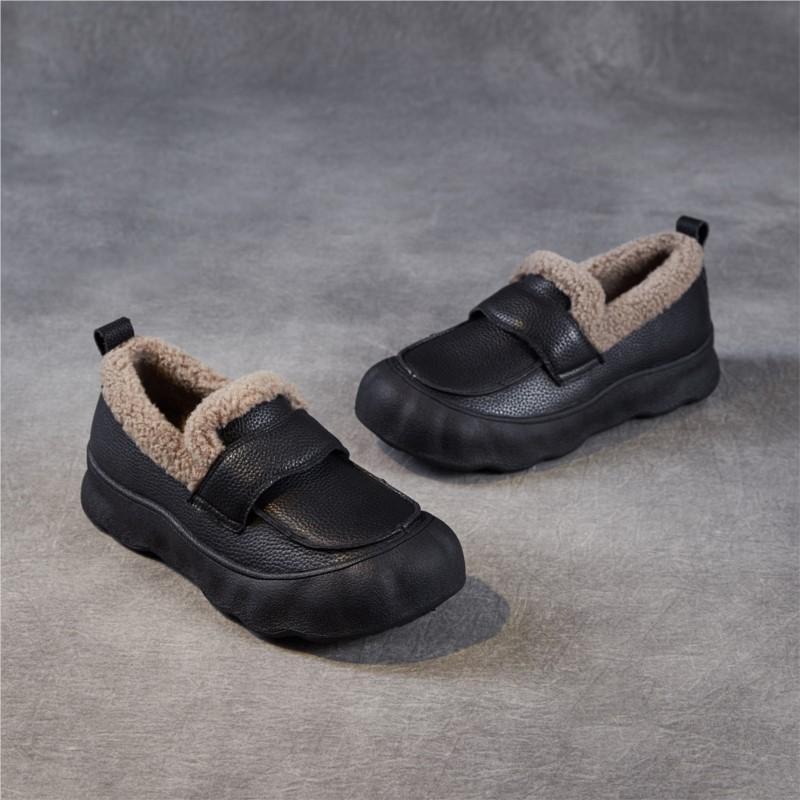 Johnature Genuine Leather Flat Slip-on Cotton Shoes Casual Soft Sole With Plush Warm Women's Loafers