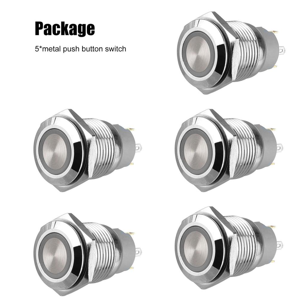 5pcs 19mm Momentary Push Button Power Switch Stainless Steel with Blue LED