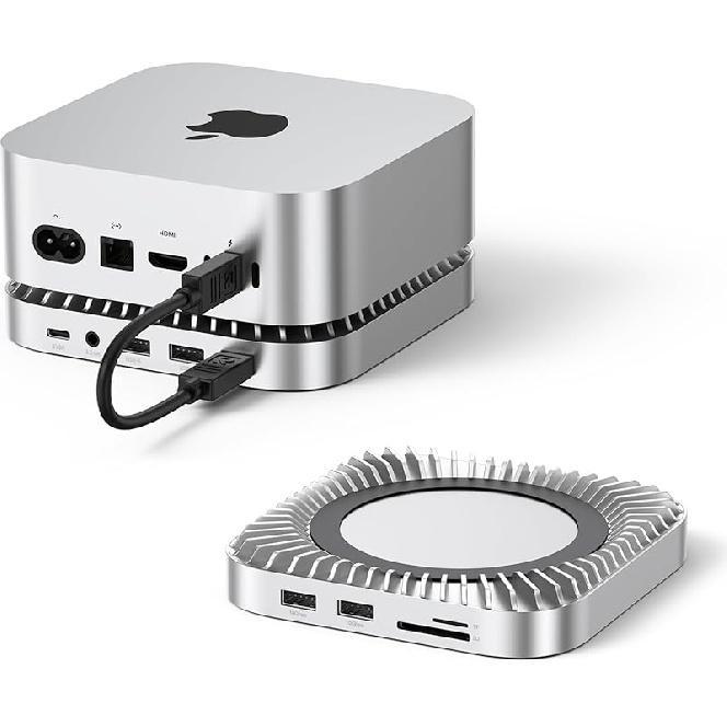 Raycue Док-станция и подставка для Mac mini M4 со слотом для NVMe SSD 8 ТБ, 2 порта USB-A 10 Гбит/с, 1 порт данных USB-C 10 Гбит/с, 2 порта USB-A 5 Гбит/с, зарядка USB-C, слоты для SD/TF, аудио для Mac mini серебряный