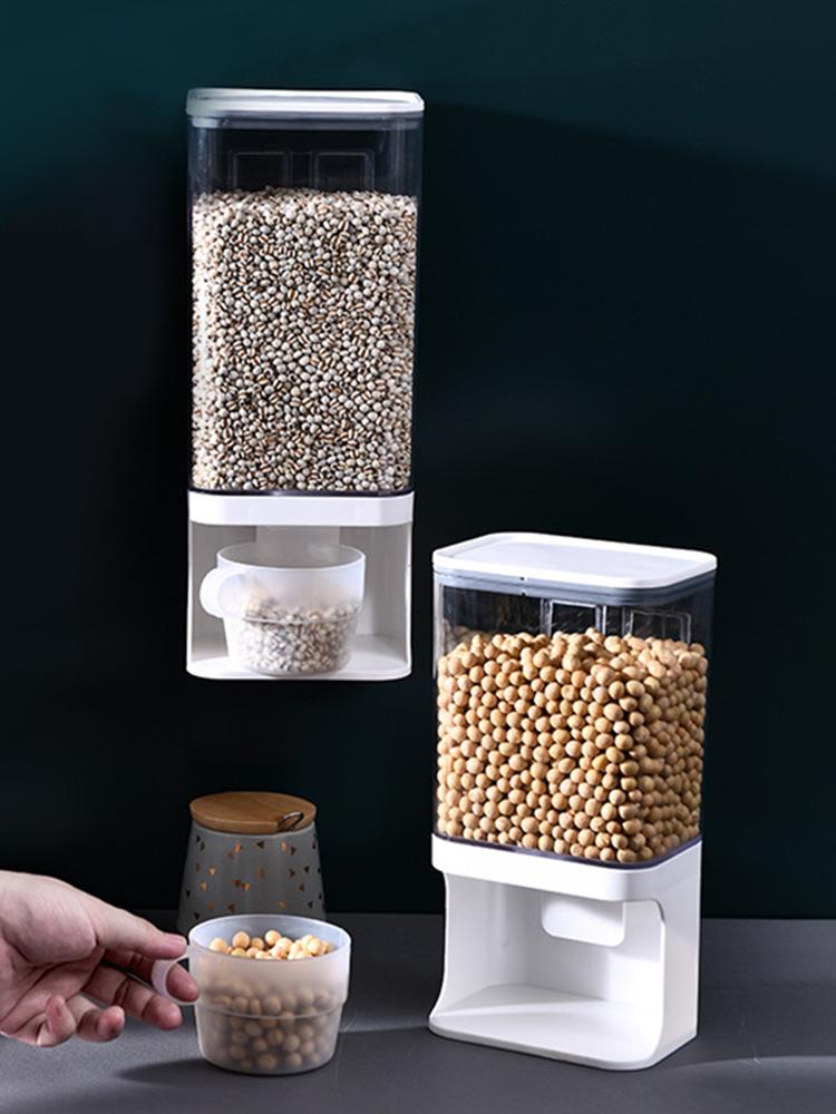 1L Cereal Dispenser Plastic Clear Wall Mounted Divided Rice Dry Food Container Storage Organizer for Home Kitchen