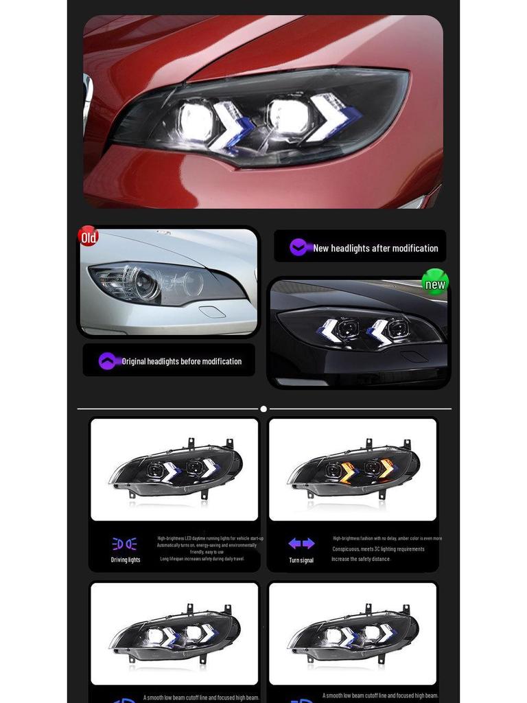 Compatible LED Headlight Assembly with Daytime Running Lights & Turn Signals for 2008-2014 BMW X6 (E71 Model)