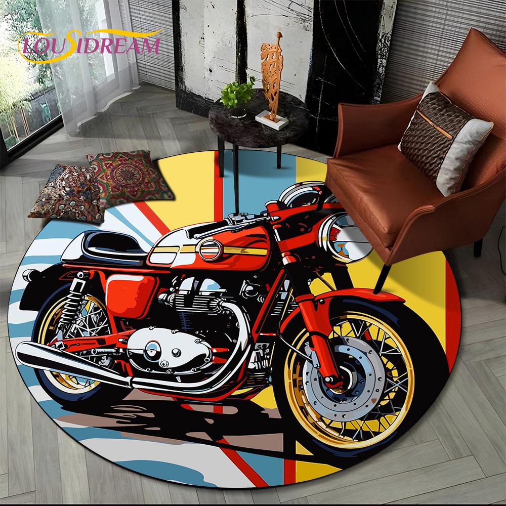 3D Retro Vintage Motorcycle Cartoon Round Area Carpet Rug for Living Room Bedroom Kid Playroom Decor,Pet Area Rug Non-slip Gift