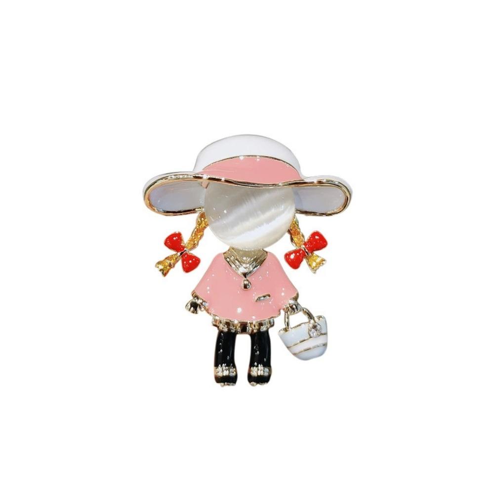 New Geometry Zircon Drop Glazed Bow Double Braided Little Girl Brooch Unique Fashion Versatile Cartoon Character Jewelry Gift
