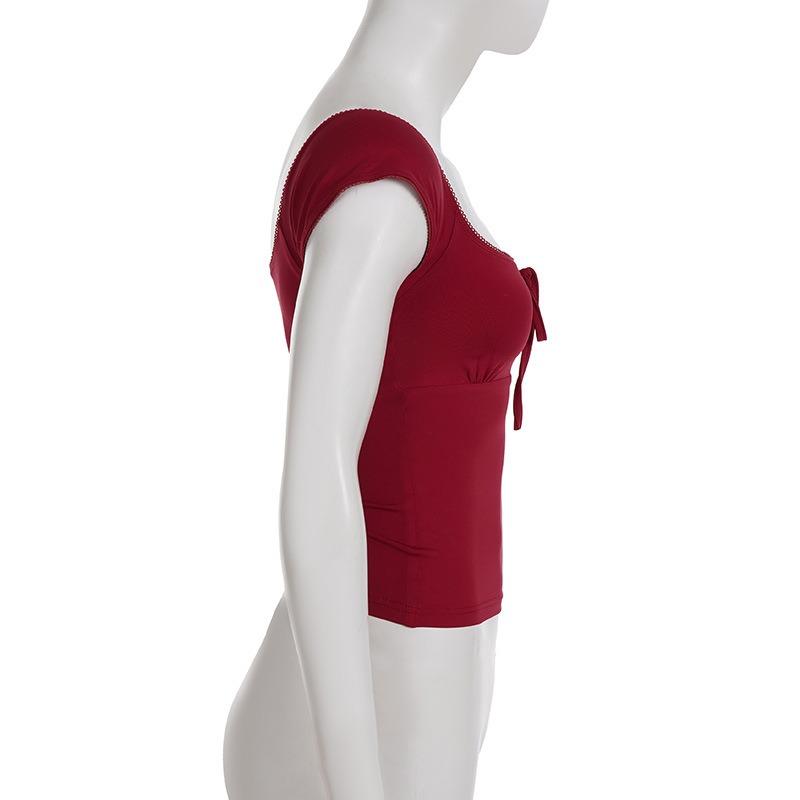 Women Red Square Neck Lace Trim Bow Detail Short Sleeve Slim Fit Casual Blouse