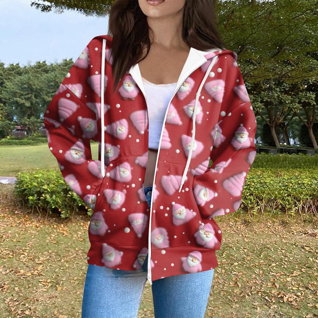Women's Casual Fashion Long Sleeve Zipper Printed Hooded Sweatshirt