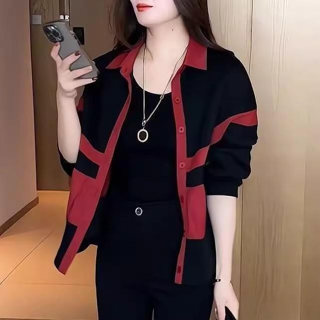 Spring and Autumn Loose Slim Contrasting Women's Thin Jacket Top Polo Collar Splicing Fashionable Age-reducing Jacket