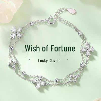 Doppellagiges vierblättriges Kleeblatt-Armband in 925er Silberauflage – Leichtes Luxusgeschenk für Frauen, ideal für Valentinstag oder Geburtstage