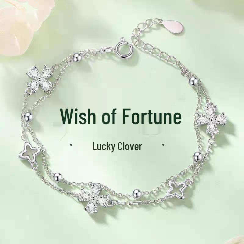 

Double-Layer Four-Leaf Clover Bracelet in 925 Silver-Plate – Light Luxury Gift for Women, Ideal for Valentine s or Birthdays