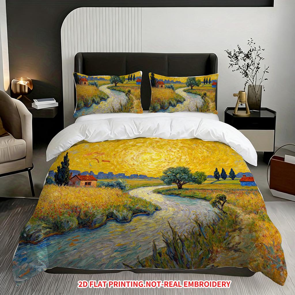 Pillowcase Quilt Cover Three-Piece Set, Oil Painting Golden Wheat Field Bedding, Skin-Friendly And Breathable, Machine Washable