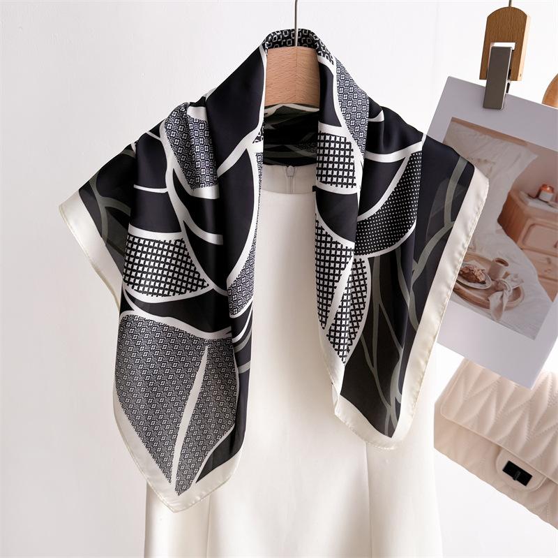 Geometric Rose Print Silk Scarf Square Scarf High-End Shawl Professional Versatile Neck Small Square Scarf Headscarf