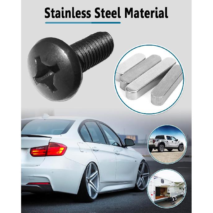 Black License Plate Screws- Rustproof Stainless Steel Car Tag Bolts, M6X16mm (1/4" X5/8") Fasteners Hardware- Phillips Machine Bolts Nuts Caps for