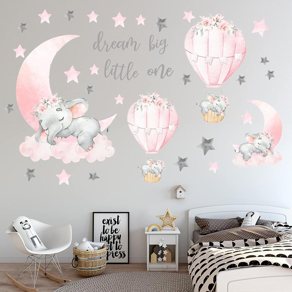 Dream Big Little One Elephant Wall Stickers, Pink Moon Hot Air Balloon Grey Stars Wall Decals for Nursery Kids Room Living Room Bedroom Decorations