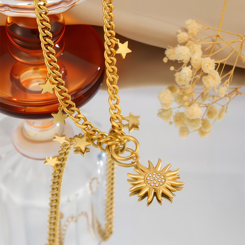 European and American diamond-encrusted gold sun series stainless steel necklace women's six-star thick chain mango star necklace