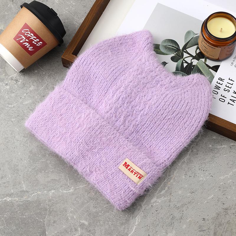 

Women s Cute Cat Ear Wool Knit Beanie with Cow Horn Ear Protection світло-фіолетового кольору