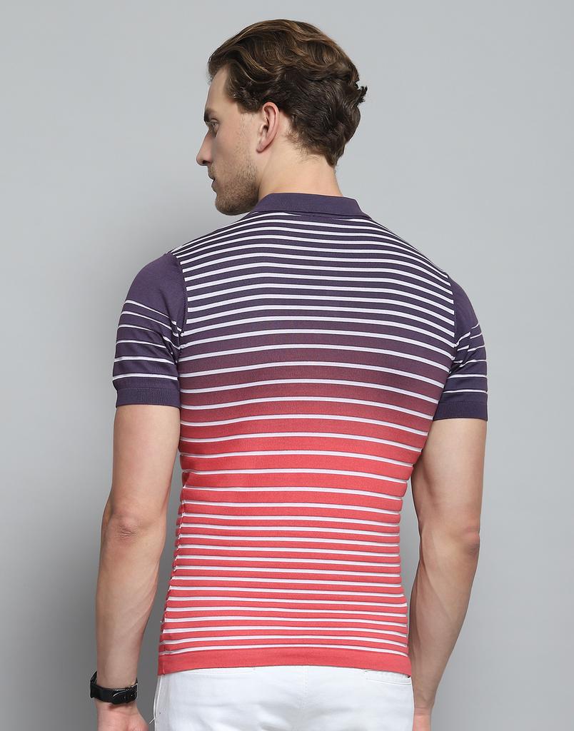 MONTE CARLO Mens Striped Purple Collar Neck Half Sleeve T-Shirt