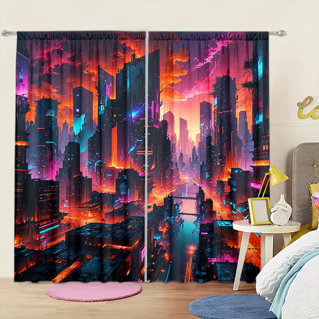 2pcs Future Technology Cyberpunk Printed Curtain for Home Decor - Rod Pocket Window Treatment for Bedroom, Office, Kitchen