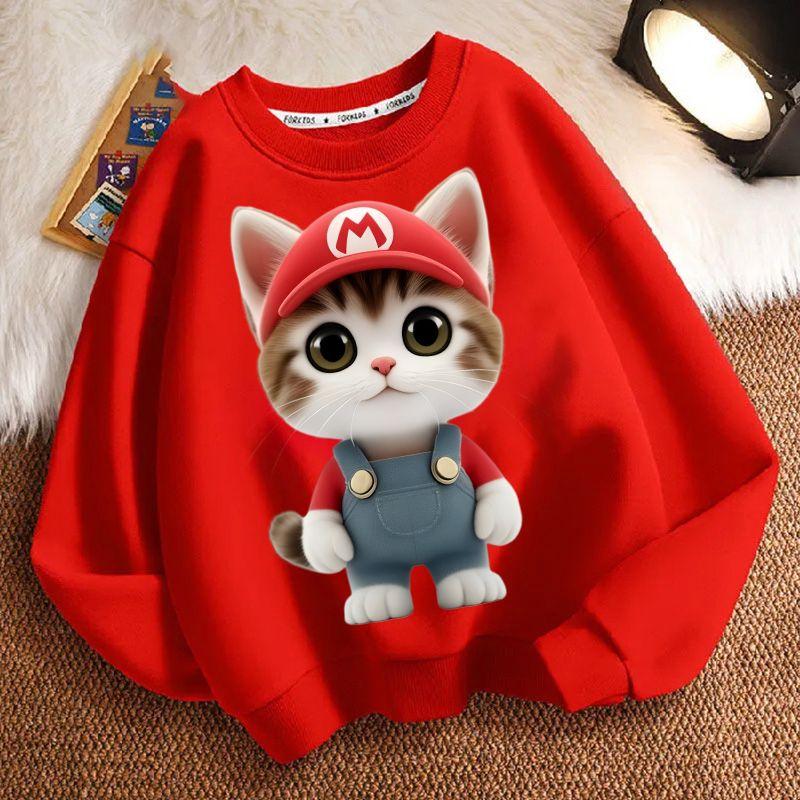 Cute Cat Round-neck Sweatshirt for Children, Long-sleeved Casual Sweatshirt for Boys and Girls in Spring and Autumn