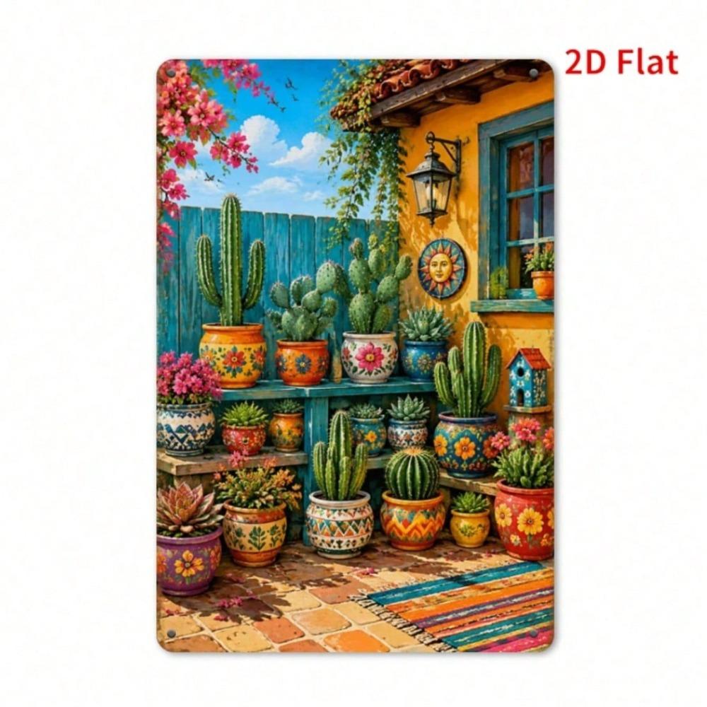 Vintage Mexican Cactus Tin Sign, Colorful Succulent Metal Decor, Floral Patio Garden Wall Art