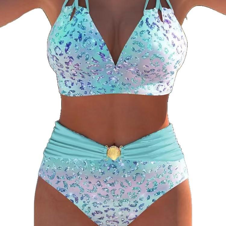 Women Sexy Gradient Leopard Print Tie Up Split Two Piece Bikini Beach Swimsuit S