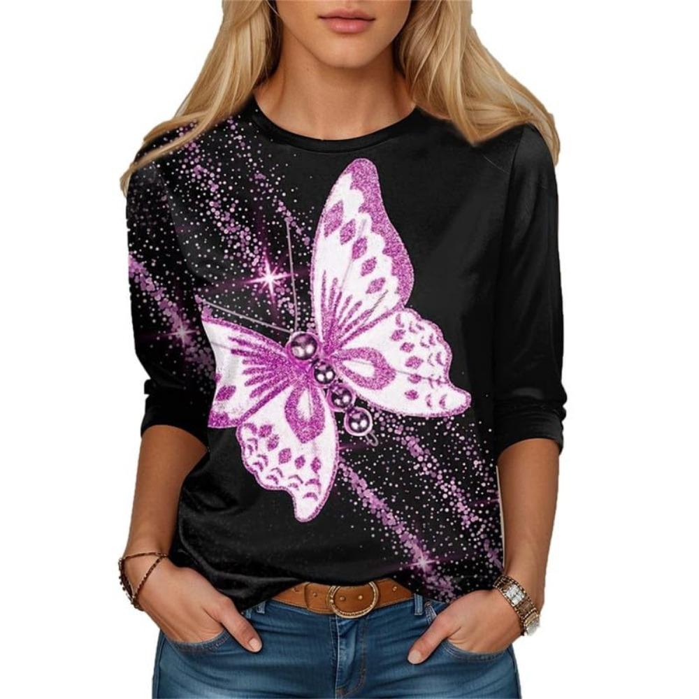 Women's Butterfly Glitter T-shirt Fashion Long Sleeve Round Neck Regular Top Spring and Autumn Clothing