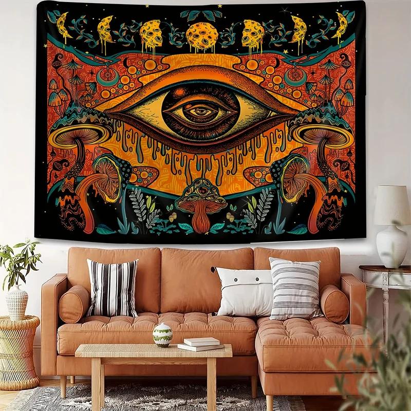 Psychedelic Eye Mushroom Tapestry Trippy Moon Phase Wall Hanging Aesthetic Tapestries for Bedroom Decor 100X70CM
