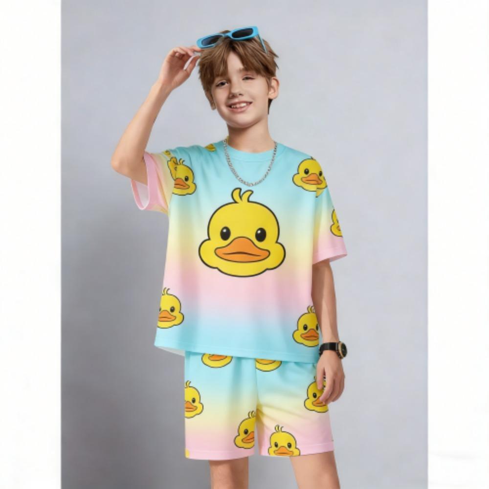 Kids Set Fun Cartoon Duck Printed Kids T-shirt and Shorts 2 Piece Set Summer Casual Outdoor Boys and Girls Outfit Kids Clothing 100