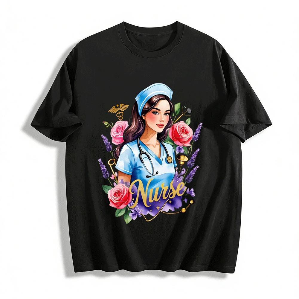 Floral Nurse Graphic Tee Medical Worker Appreciation Top Pure cotton T-shirt XXS