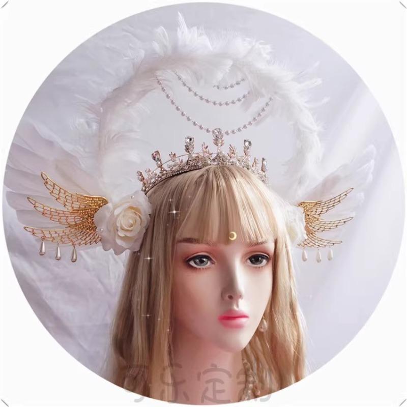 Lolita White Angel Wings Virgin Mary Bead Chain Baroque Halo Tiara Hair Accessory Virgin Mary Sun Godmother's Crown KC Headwear