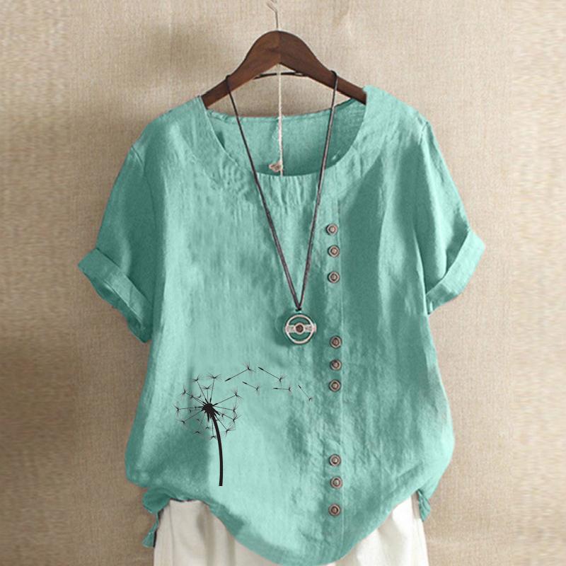 Women's Fashion Black Dandelion Prined Short Sleeve T-shirt Loose Cotton Shirt Casual Loose Summer Plus Size Blouse Tops
