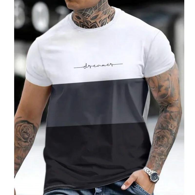 Men Summer New Printed Color Block Short Sleeve Crew Neck T Shirt Casual Contrast Top XS