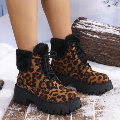 Shoes for Women 2024 Fashion Lace Up Women Ankle Boots Winter Round Toe Sexy Leopard Print Short Barrel Chunky Heel Cotton Boots