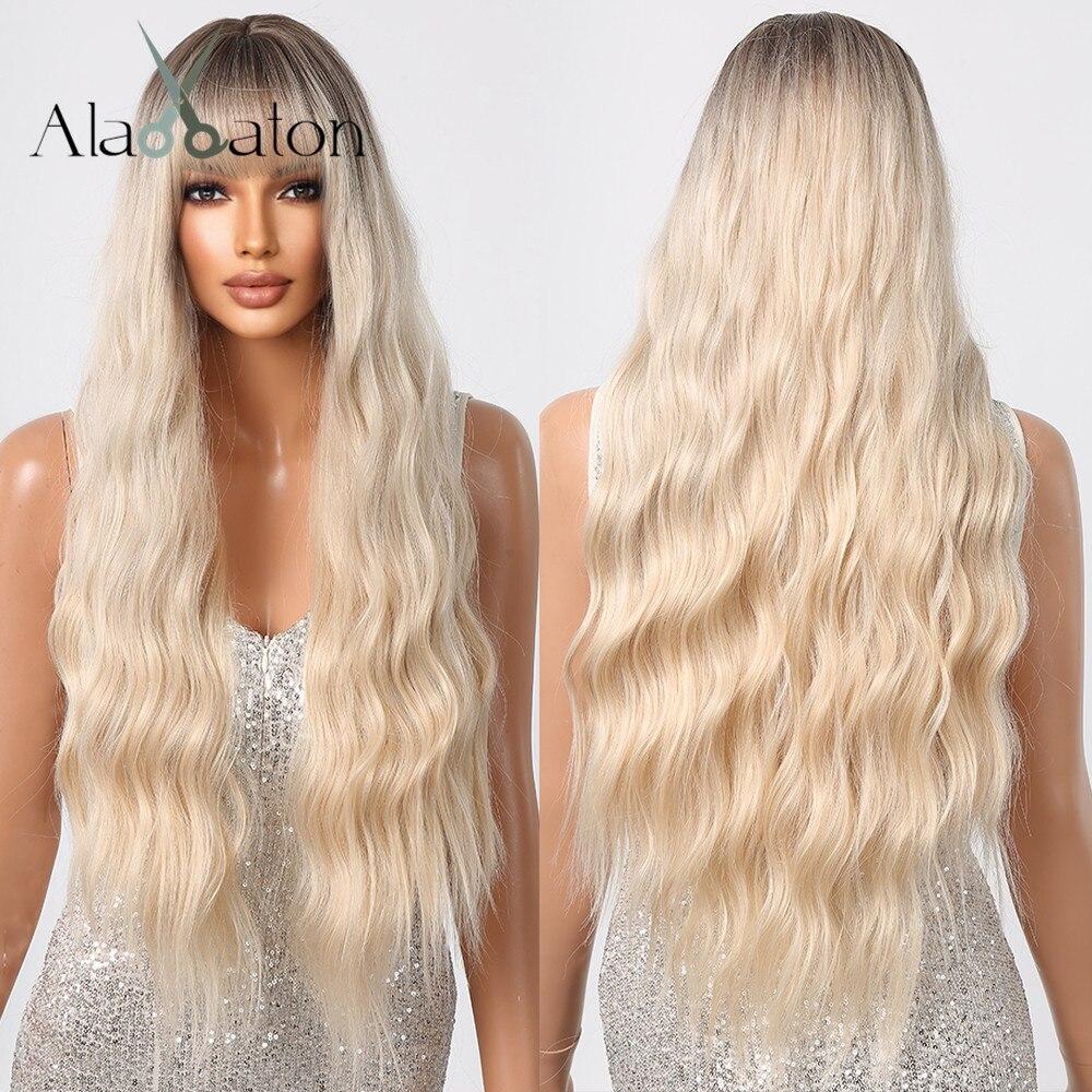 ALAN EATON Black Long Body Wavy Wig for Women Synthetic Natural Wave Wigs with Bangs Daily Party Fake Hair Heat Resistant Fiber