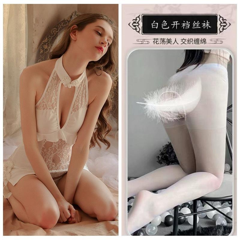Sexy Lace Seduction Deep V Vintage Cheongsam Pajamas Hot Uniform Seduction Set