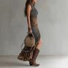Women's One Shoulder Sleeveless Printed Maxi Dress High Waist Boho Asymmetric Hem Slit Dress