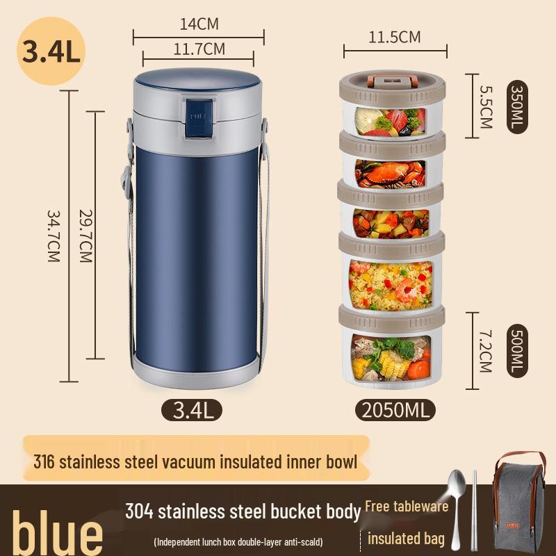 Stainless Steel Insulated Multi-Layer Lunch Box for Office Workers - Large Capacity, Long-Lasting Heat Retention Bento Bucket
