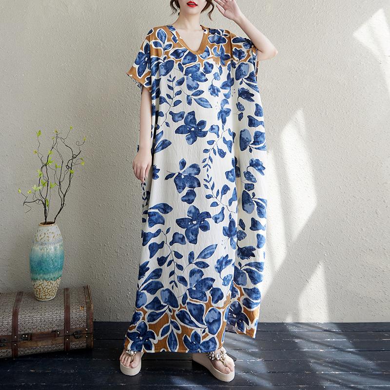 Summer New V-neck Color Slim Bohemian Vacation Vacation Vacation Dress 125kg Extra Long Robe