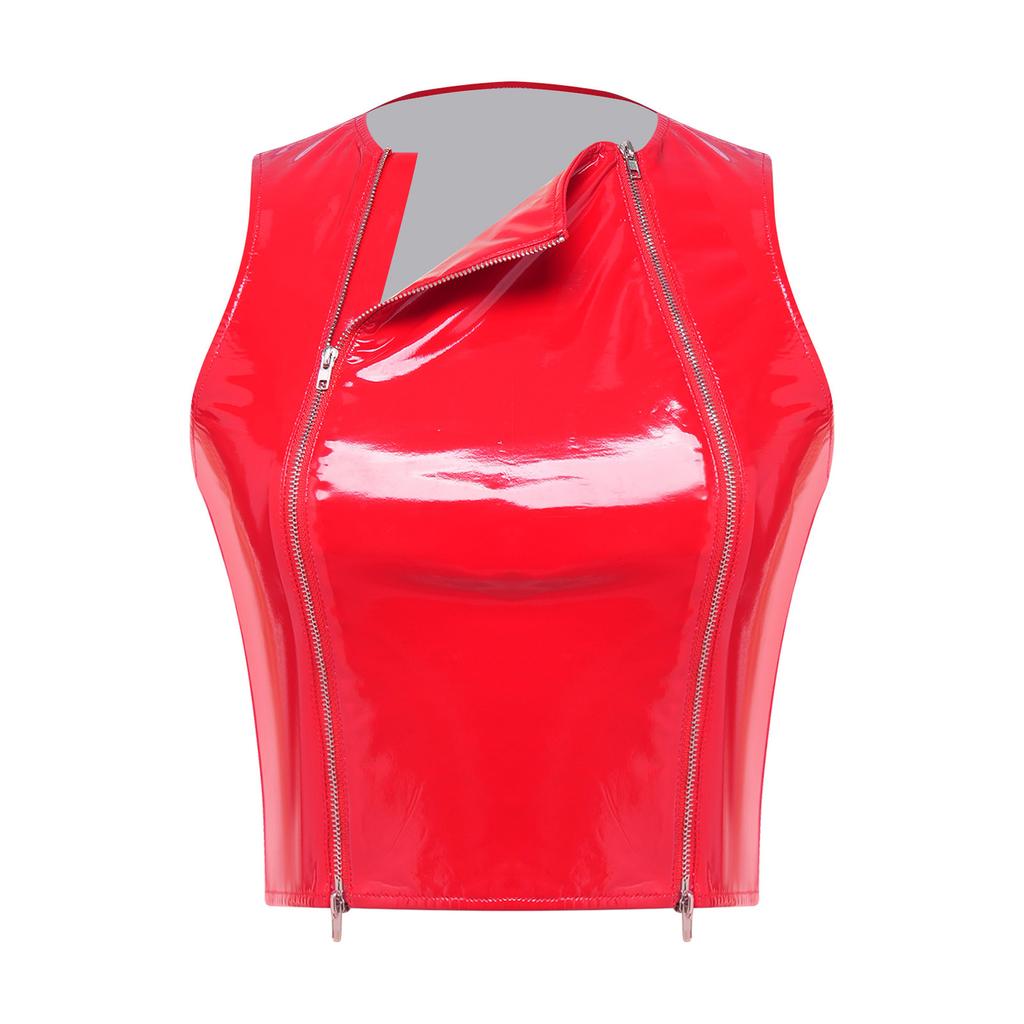 Ladies Glossy PU Leather Crop Top S-3XL Front Double Zippers Sleeveless Slim Tank Top for Club Rave Party Nightwear