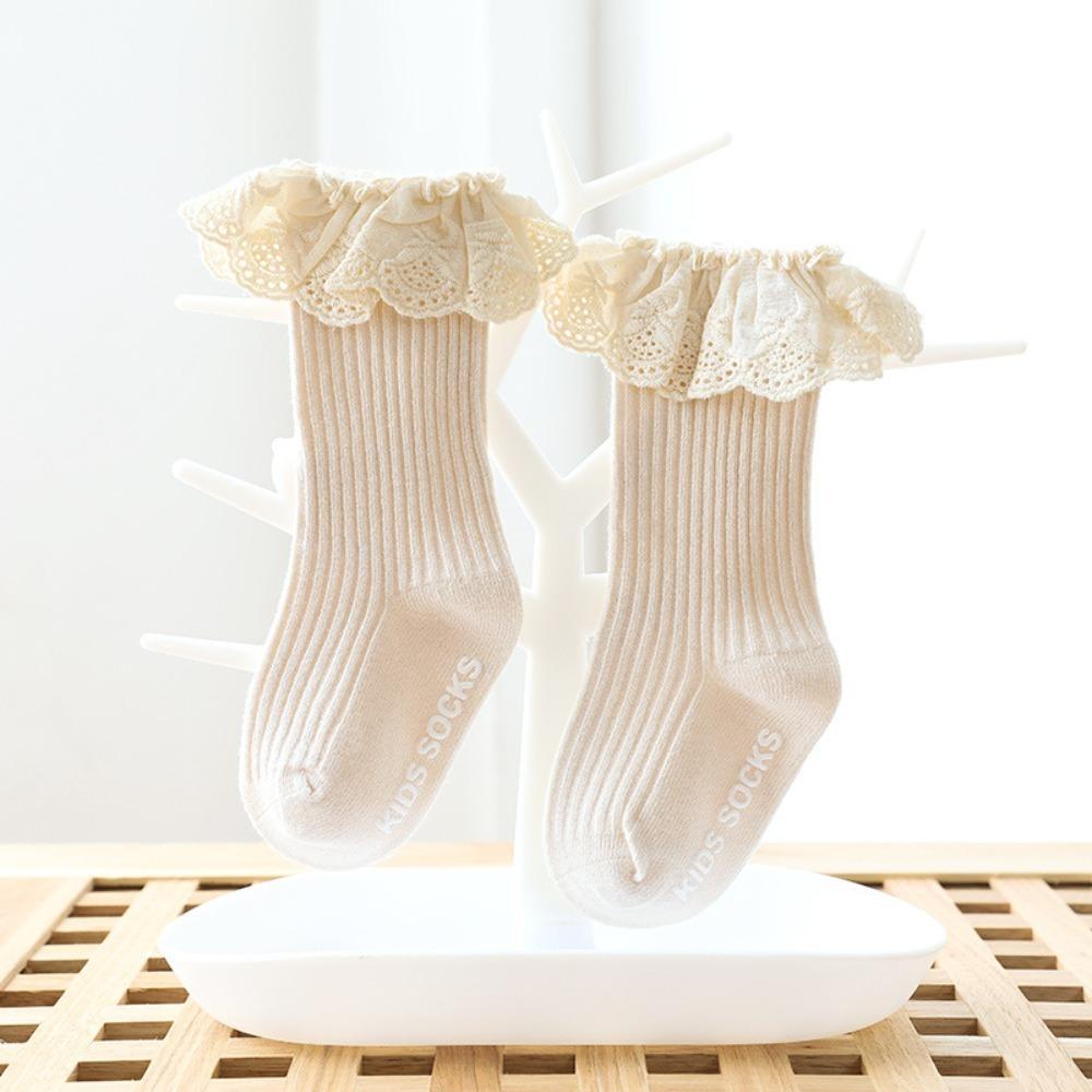 Non Slip Dots Kids Mid Calf Socks Lace Trim Girls Socks Cute Baby Socks Toddler Walking