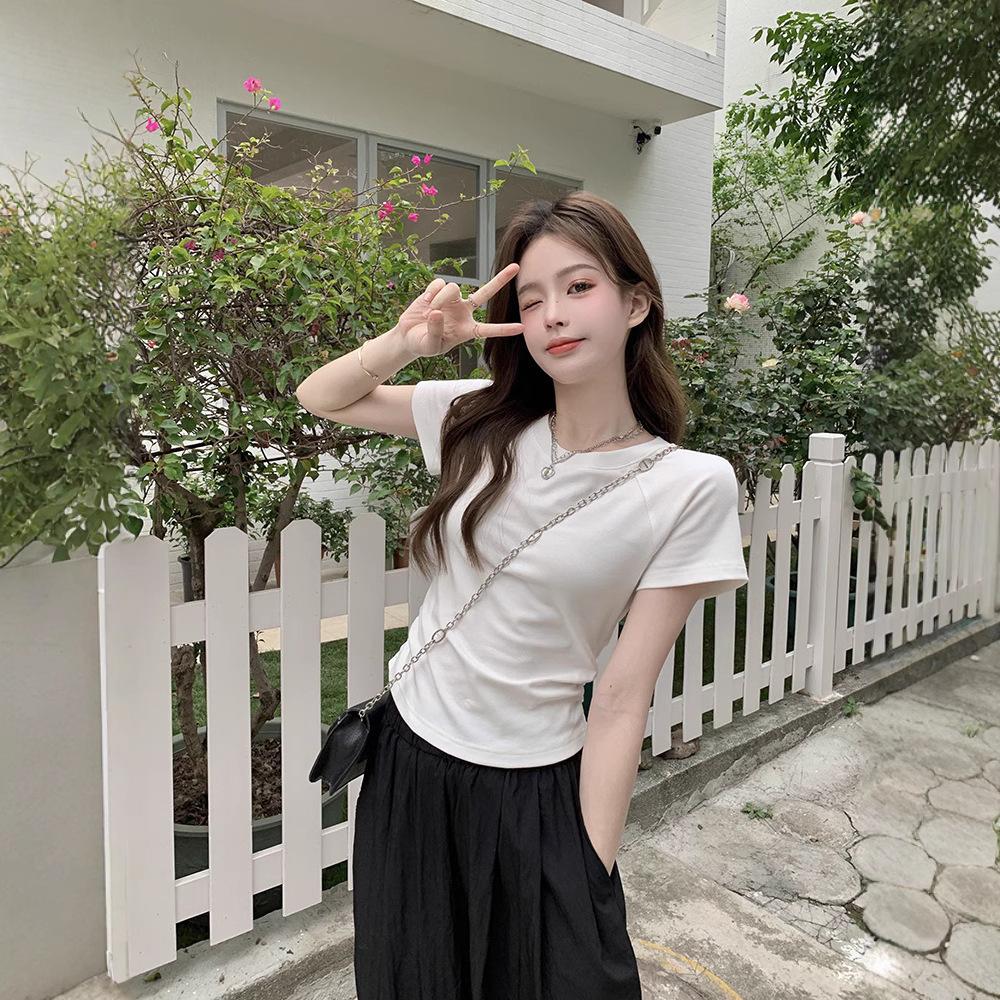 Purple Spice Girl Back Hollow Short Sleeve T-Shirt Women's Summer New Design Slim Fold Pleated Niche Top