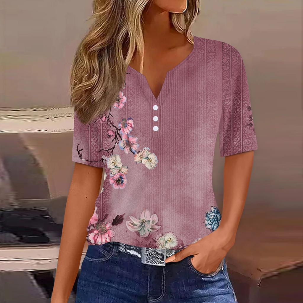 Women's T Shirt Print Button Short Sleeve Daily Weekend Fashion Basic V-Neck Regular Top